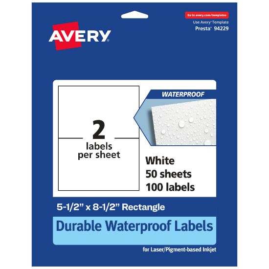 Picture of Avery Waterproof Permanent Labels, 94229-WMF50, Rectangle, 5-1/2in x 8-1/2in, White, Pack Of 100