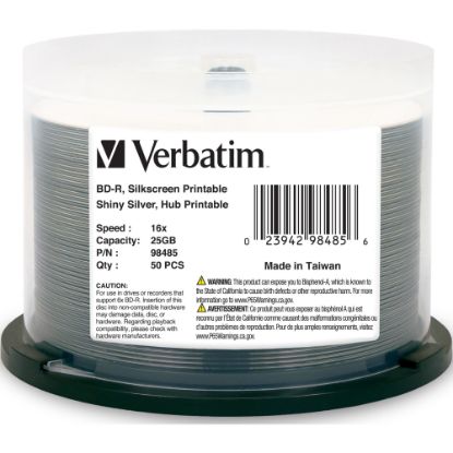 Picture of Verbatim BD-R 25GB 16X Shiny Silver Silk Screen Printable, Hub Printable - 50pk Spindle - 50pk Spindle