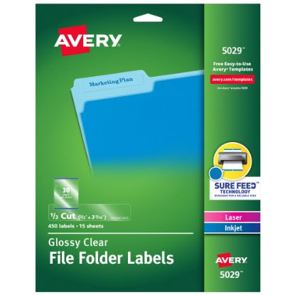 Picture of Avery File Folder Labels, Sure Feed Technology, Permanent Adhesive, Glossy Clear, 2/3in x 3-7/16in, 450 Labels (5029)