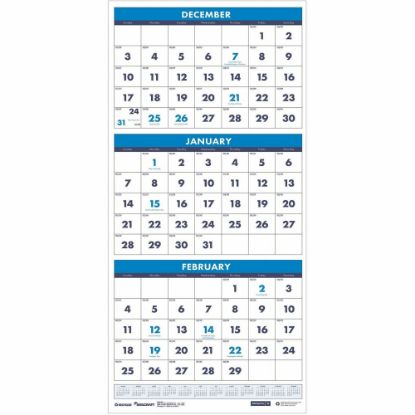 Picture of SKILCRAFT 3-Month Vertical-View Wall Calendar - Monthly - 14 Month - December - January - 3 Month Single Page Layout - 12 1/4in x 26in Sheet Size - Wire Bound - Wall Mount - Multi