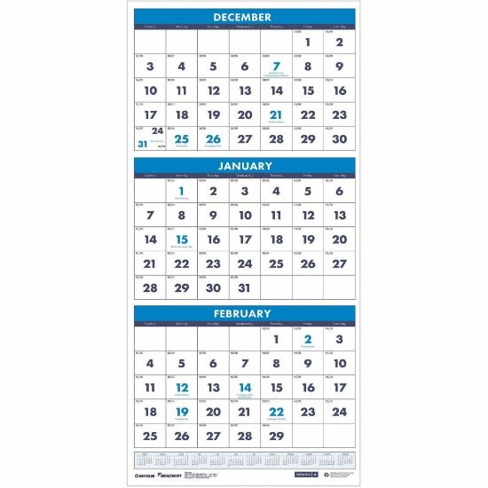 Picture of SKILCRAFT 3-Month Vertical-View Wall Calendar - Monthly - 14 Month - December - January - 3 Month Single Page Layout - 12 1/4in x 26in Sheet Size - Wire Bound - Wall Mount - Multi