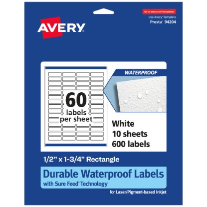 Picture of Avery Waterproof Permanent Labels With Sure Feed, 94204-WMF10, Rectangle, 1/2in x 1-3/4in, White, Pack Of 600