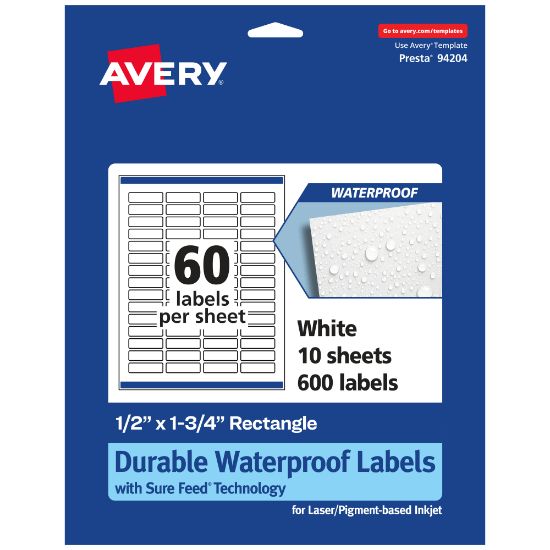 Picture of Avery Waterproof Permanent Labels With Sure Feed, 94204-WMF10, Rectangle, 1/2in x 1-3/4in, White, Pack Of 600