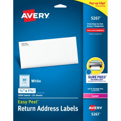 Picture of Avery Easy Peel Return Address Labels With Sure Feed Technology, 5267, Rectangle, 1/2in x 1-3/4in, White, Pack Of 2,000