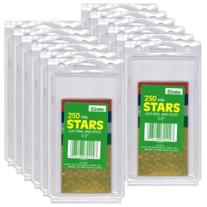 Picture of Eureka Presto-Stick Foil Star Stickers, 1/2in, Assorted Colors, 250 Stickers Per Pack, Set Of 12 Packs