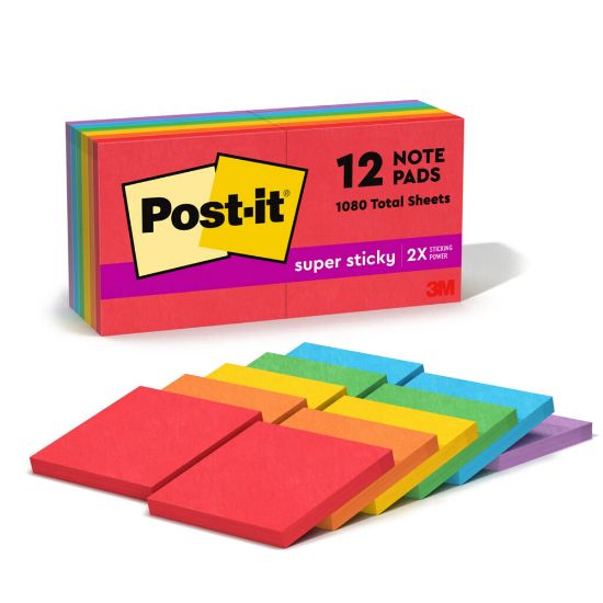 Picture of Post-it Super Sticky Notes, 3 in x 3 in, 12 Pads, 90 Sheets/Pad, 2x the Sticking Power, Playful Primaries Collection