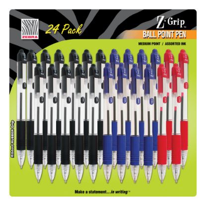 Picture of Zebra Pen Z-Grip Retractable Ballpoint Pens, Pack Of 24, Medium Point, 1.0 mm, Translucent Barrel, Assorted Ink Colors