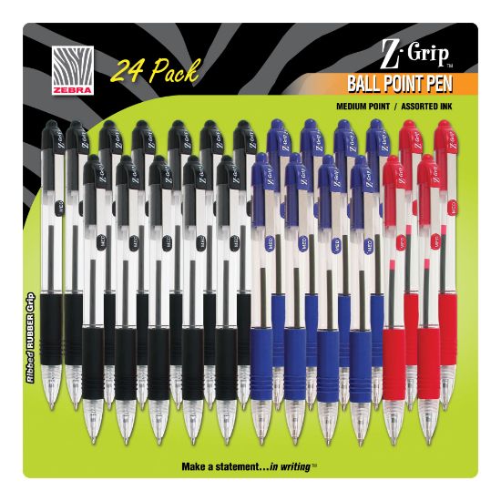 Picture of Zebra Pen Z-Grip Retractable Ballpoint Pens, Pack Of 24, Medium Point, 1.0 mm, Translucent Barrel, Assorted Ink Colors