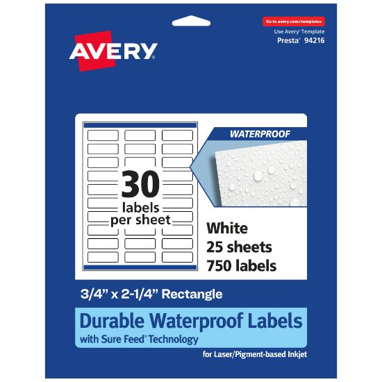 Picture of Avery Waterproof Permanent Labels With Sure Feed, 94216-WMF25, Rectangle, 3/4in x 2-1/4in, White, Pack Of 750