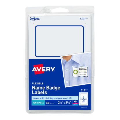 Picture of Avery Flexible Name Badge Labels, 2 1/3in x 3 3/8in, White With Blue Border, Pack Of 40