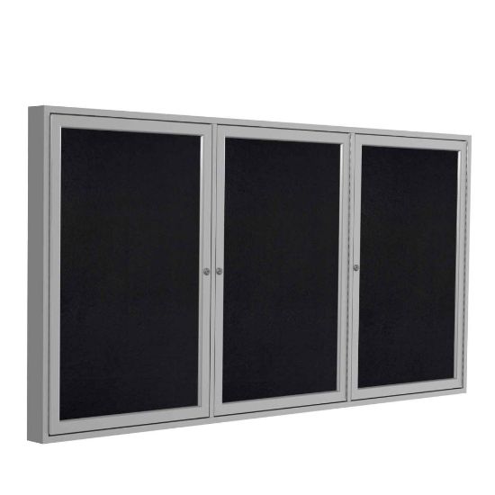 Picture of Ghent 3 Door Enclosed Recycled Rubber Bulletin Board, Satin Aluminum Frame, 36inH x 72inW, Black