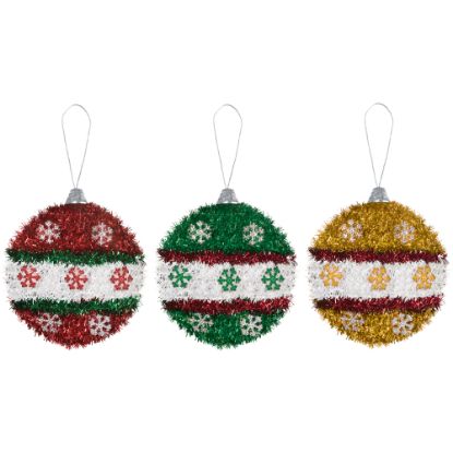 Picture of Amscan Christmas Small Tinsel 3D Ornament Assortment, 5-1/4inH x 4-3/4inW x 1-7/16inD, Multicolor, Pack Of 6 Ornaments