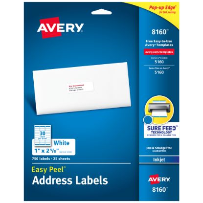 Picture of Avery Easy Peel Address Labels With Sure Feed Technology, 8160, 1in x 2 5/8in, White, Box Of 750