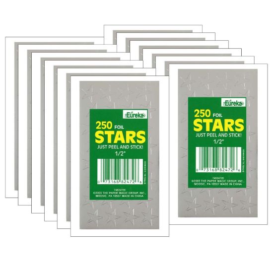 Picture of Eureka Presto-Stick Foil Star Stickers, 1/2in, Silver, 250 Stickers Per Pack, Set Of 12 Packs