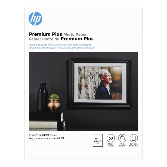 Picture of HP Premium Plus Photo Paper for Inkjet Printers, Soft Gloss, Letter Size (8 1/2in x 11in), 80 Lb, Pack Of 50 Sheets (CR667A)