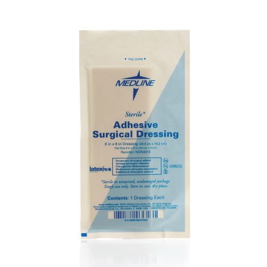 Picture of Medline Sterile Surgical Adhesive Dressings, 6in x 8in, Gray, 25 Dressings Per Box, Case Of 4 Boxes