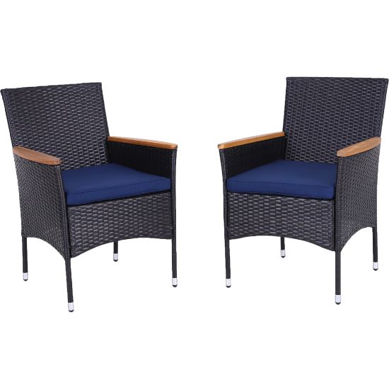 Picture of PHI VILLA Rattan Steel Patio Outdoor Dining Chairs, Dark Brown/Blue, Set Of 2 Chairs