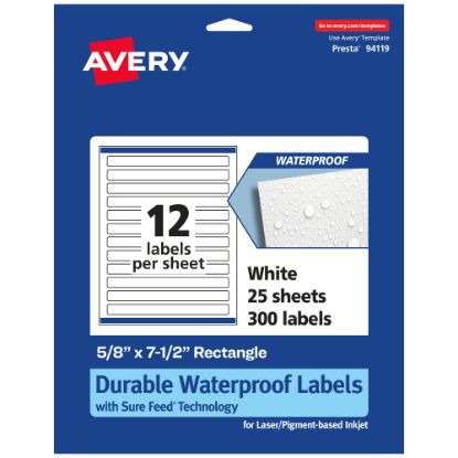 Picture of Avery Waterproof Permanent Labels With Sure Feed, 94119-WMF25, Rectangle, 5/8in x 7-1/2in, White, Pack Of 300