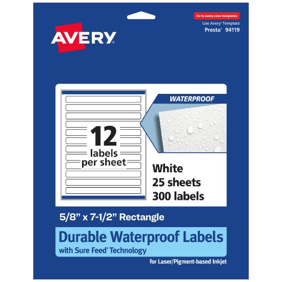 Picture of Avery Waterproof Permanent Labels With Sure Feed, 94119-WMF25, Rectangle, 5/8in x 7-1/2in, White, Pack Of 300