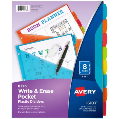 Picture of Avery Write & Erase Durable Plastic Dividers With Pockets, 8-1/2in x 11in, Multicolor Brights, Pack Of 8 Dividers