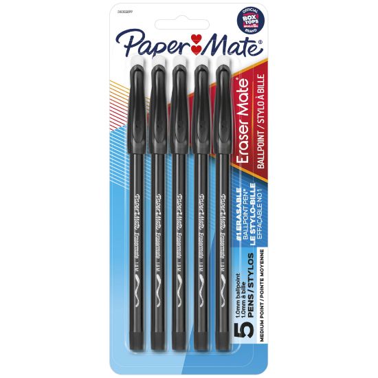 Picture of Paper Mate EraserMate Ballpoint Pens, Pack of 5, Medium Point, 1.0 mm, Black Barrel, Black Ink