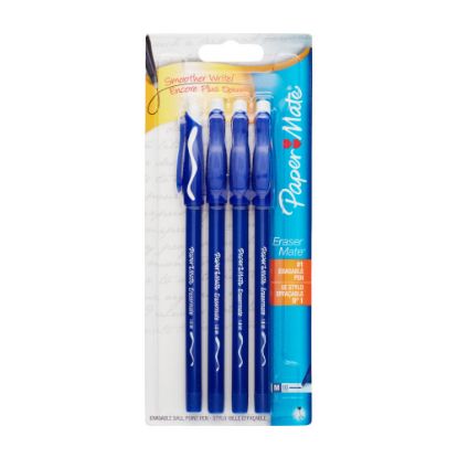 Picture of Paper Mate EraserMate Ballpoint Pens, Pack of 4, Medium Point, 1.0 mm, Blue Barrel, Blue Ink