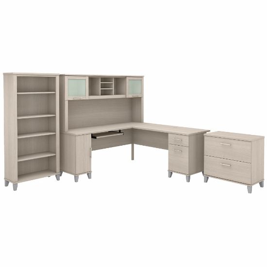 Picture of Bush Furniture Somerset 72inW L-Shaped Desk With Hutch, Lateral File Cabinet And Bookcase, Sand Oak, Standard Delivery