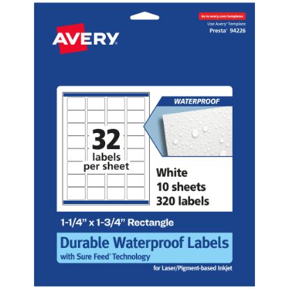 Picture of Avery Waterproof Permanent Labels With Sure Feed, 94226-WMF10, Rectangle, 1-1/4in x 1-3/4in, White, Pack Of 320