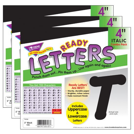 Picture of TREND Ready Letters, 4in, Italic Uppercase/Lowercase Combo Pack (English/Spanish), Black, Set Of 3 Packs