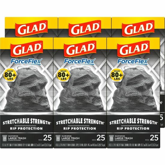 Picture of Glad ForceFlexPlus Large Drawstring Trash Bags - Large Size - 30 gal Capacity - 0.90 mil (23 Micron) Thickness - Drawstring Closure - Black - 6/Carton - 25 Per Box - Home, Office, Can