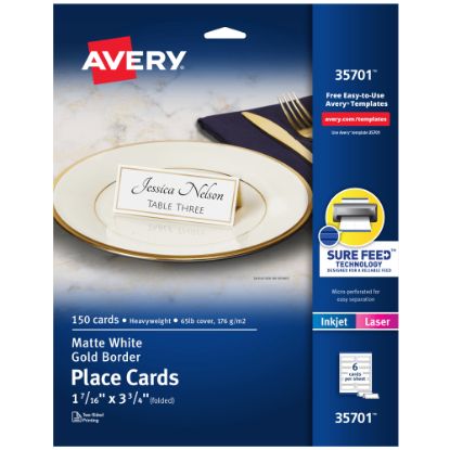 Picture of Avery Printable Place Cards With Sure Feed Technology, 1-7/16in x 3-3/4in, White With Gold Border, 150 Blank Place Cards