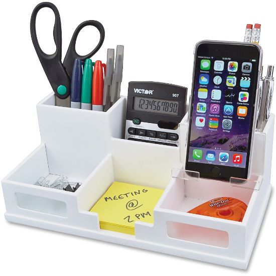 Picture of Victor W9525 Pure White Desk Organizer with Smart Phone Holder- 6 Compartment(s) - 3.5in Height x 5.5in Width x 10.4in Depth - White - Wood, Frosted Glass, Rubber - 1 Each