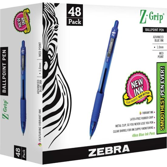 Picture of Zebra Pen Z-Grip Retractable Ballpoint Pens, Pack Of 48, Medium Point, 1.0 mm, Blue Barrel, Blue Ink