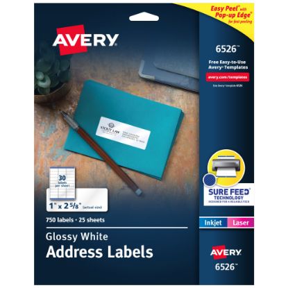 Picture of Avery Address Labels With Sure Feed And Easy Peel Technology, 6526, Rectangle, 1in x 2-5/8in, Glossy White, Pack Of 750