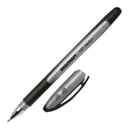 Picture of SKILCRAFT 100 Rubberized Stick Pens, Medium Point, Black Barrel, Black Ink, Pack Of 12