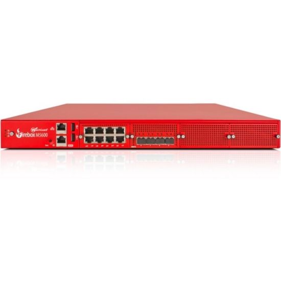 Picture of WatchGuard Firebox M5600 and 1-yr Standard Support - 8 Port - 10GBase-X 10 Gigabit Ethernet; 1000Base-T - RSA; AES (256-bit); DES; SHA-2; AES (192-bit); AES (128-bit); 3DES - 8 x RJ-45 - 6 - SFP+ - 4 x SFP+ - Rack-mountable