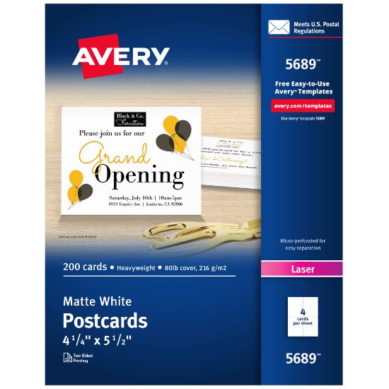 Picture of Avery Printable Postcards, 4.25in x 5.5in, White, 200 Blank Postcards For Laser Printers