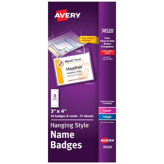 Picture of Avery Customizable Hanging Style Name Badges, 74520, 3in x 4in, White, Box Of 50