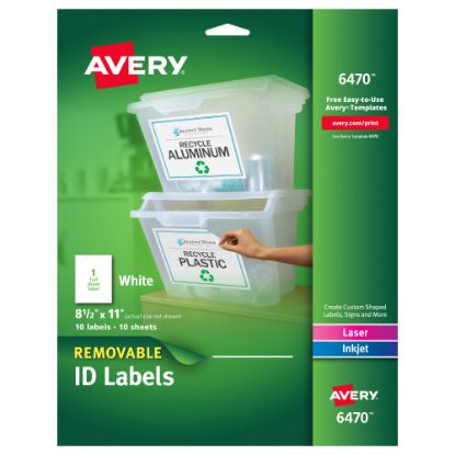 Picture of Avery Removable Full-Sheet Labels, 6470, 8 1/2in x 11in, White, Pack Of 10