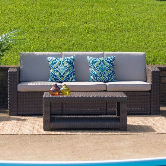 Picture of Flash Furniture Faux Rattan Outdoor Sofa With Curved Arms And All-Weather Cushions, Chocolate Brown