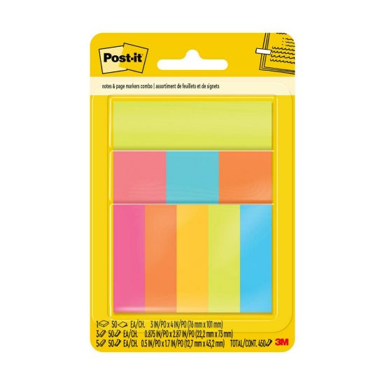 Picture of Post-it Combo Pack, 3 in. x 4 in. 1 Pad 50 sheets Notes, 1 in. x 3 in. 3 Pads 50 sheets and 0.5 in. x 2 in. 5 Pads 50 sheets. Pagemarkers