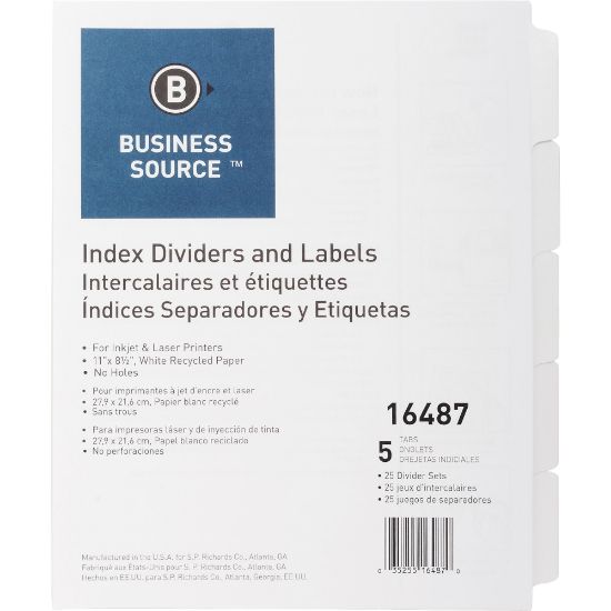 Picture of Business Source Un-punched Index Dividers Set - 5 x Divider(s) - Blank Tab(s) - 5 Tab(s)/Set - White Divider - White Tab(s) - 25 / Box