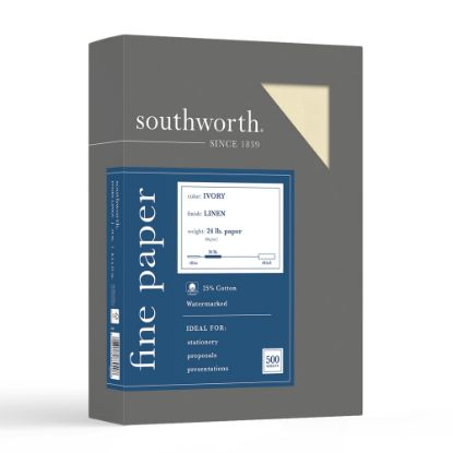 Picture of Southworth 25% Cotton Linen Business Paper, Ivory, Letter (8.5in x 11in), 500 Sheets Per Ream, 24 Lb, 94 Brightness