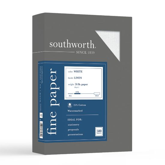 Picture of Southworth 25% Cotton Linen Business Paper, White, Letter (8.5in x 11in), 500 Sheets Per Ream, 24 Lb, 94 Brightness