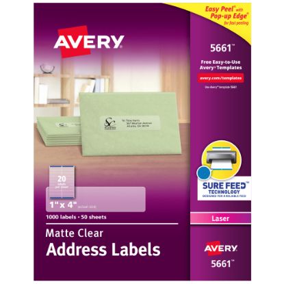 Picture of Avery Easy Peel Permanent Laser Address Labels, 5661, 1in x 4in, Clear, Pack Of 1,000