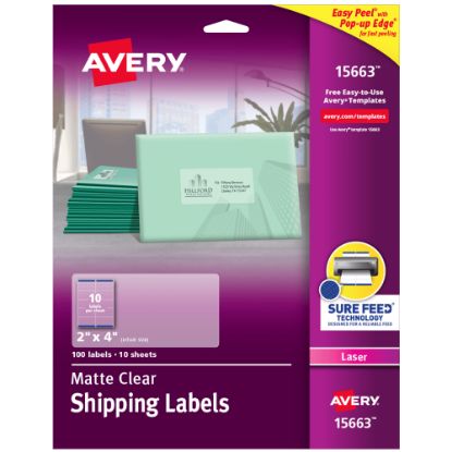 Picture of Avery Matte Shipping Labels With Sure Feed Technology, 15663, Rectangle, 2in x 4in, Clear, Pack Of 100