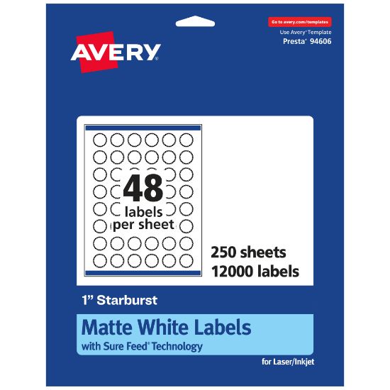 Picture of Avery Permanent Labels With Sure Feed, 94606-WMP250, Starburst, 1in, White, Pack Of 12,000