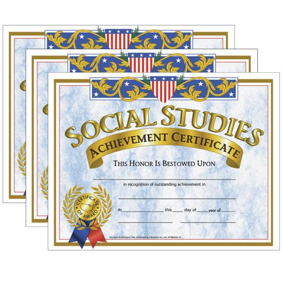 Picture of Hayes Certificates, 8-1/2in x 11in, Social Studies Achievement, 30 Certificates Per Pack, Set Of 3 Packs