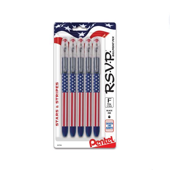 Picture of Pentel R.S.V.P. Stars & Stripes Ballpoint Pens, Pack Of 5, Medium Point, 0.7 mm, Red/White/Blue Barrel, Black Ink