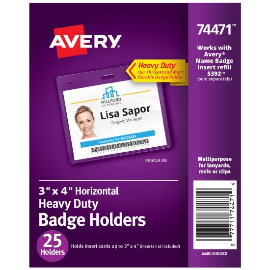 Picture of Avery Secure Top Badge Holders, Horizontal Prepunched, 3in x 4in Badge, Clear, Box Of 25